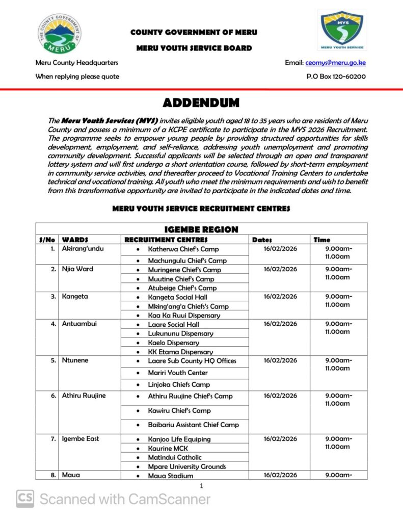 MERU YOUTH SERVICE RECRUITMENT CENTERS .